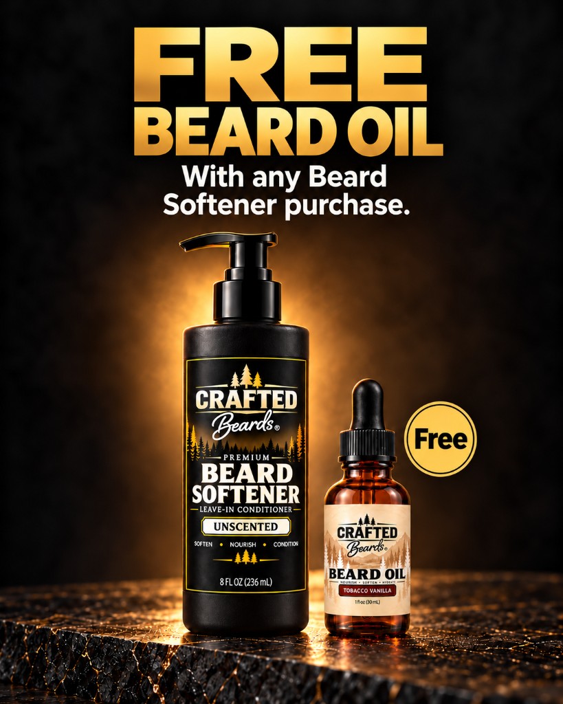 Free Beard Oil with any Beard Softener purchase. Unscented Beard Softener beside Tobacco Vanilla Beard Oil.