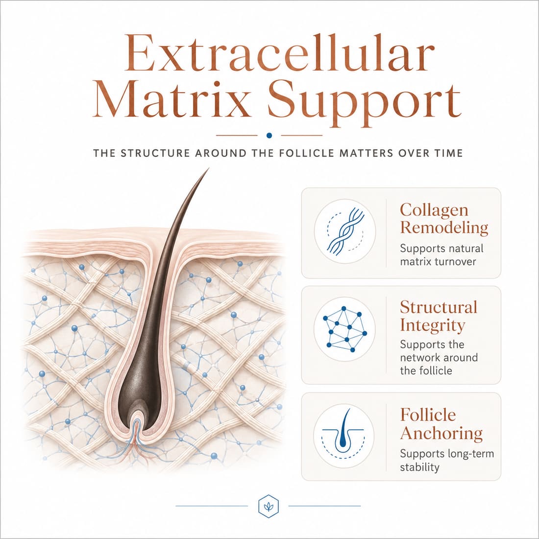 Infographic of extracellular matrix support around the dermal papilla including collagen and glycosaminoglycan remodeling