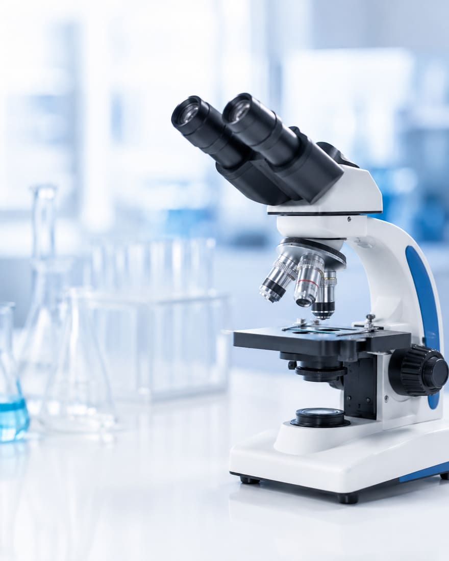 Laboratory microscope representing Crafted Beards research into GHK-Cu and follicular support biology